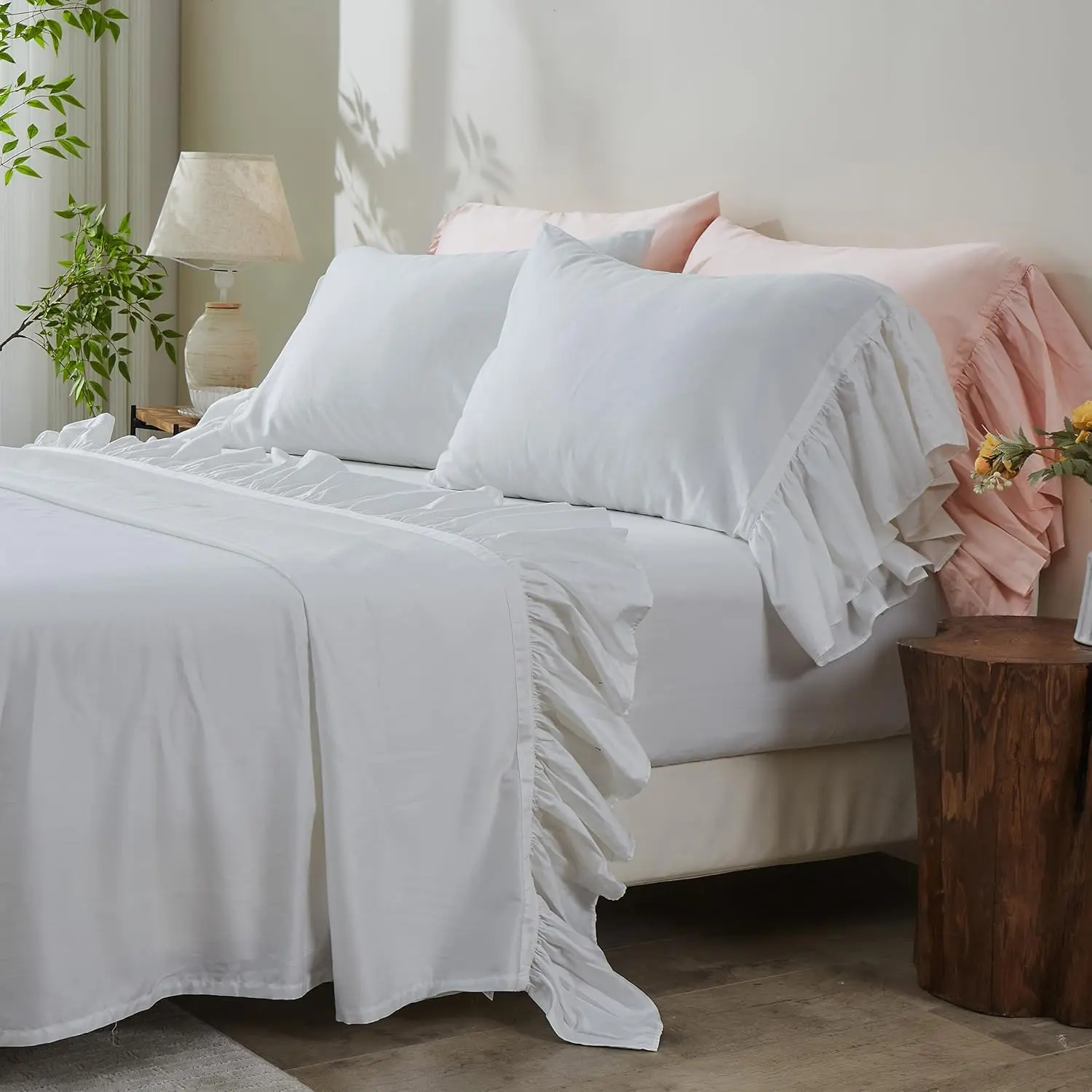 Simple&Opulence 100% Organic Cotton Sheet Set, Long Ruffle Bed Sheets Elegant Shabby Chic Bedding Farmhouse Charming Vintage, memorial day,summerwins
