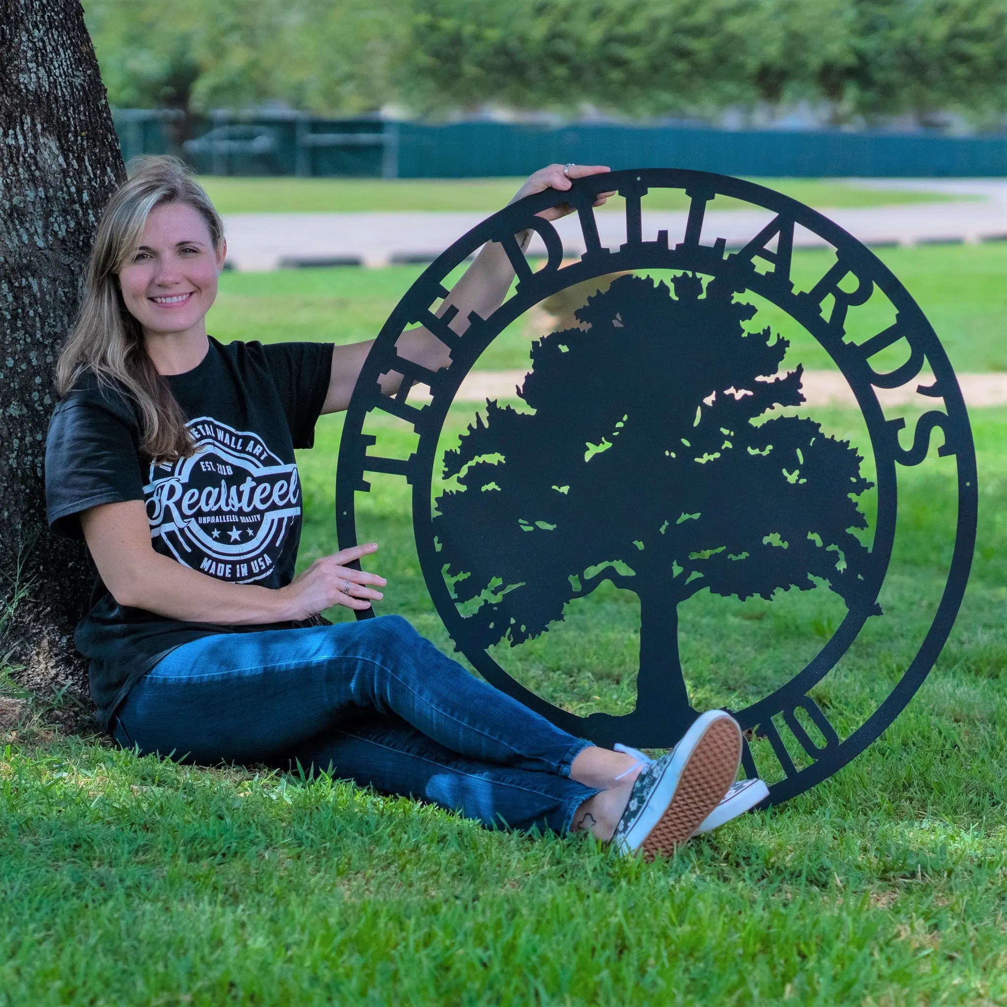 Oak Tree Personalized Metal Name Sign  |  Personalized Family Tree Metal Sign | Custom Last Name Outdoor Wall Art | Steel Ranch & Farm Sign