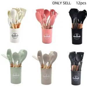 Silicone Kitchen Cooking Utensils Set, 12pcs/set Including Spatula, Spoon, Tongs, Whisk and Basting Brush, Cooking Utensils Set with Storage Basket, Kitchen Utensils Set, Kitchen Cooking Accessories, Kitchen Utensils Gadgets