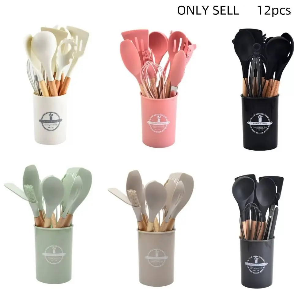Silicone Kitchen Cooking Utensils Set, 12pcs/set Including Spatula, Spoon, Tongs, Whisk, Basting Brush, Cooking Utensils Set with Storage Basket, Kitchen Utensils Set, Kitchen Cooking Accessories