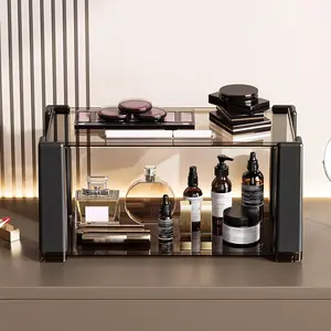 2-Tier Modern Minimalist Display Shelf, Multi-Purpose Organizer for Makeup, Perfume, Mugs, Figures, Clear Desktop Storage with Sturdy Frame for Bathroom, Kitchen, Office, and  Decor B