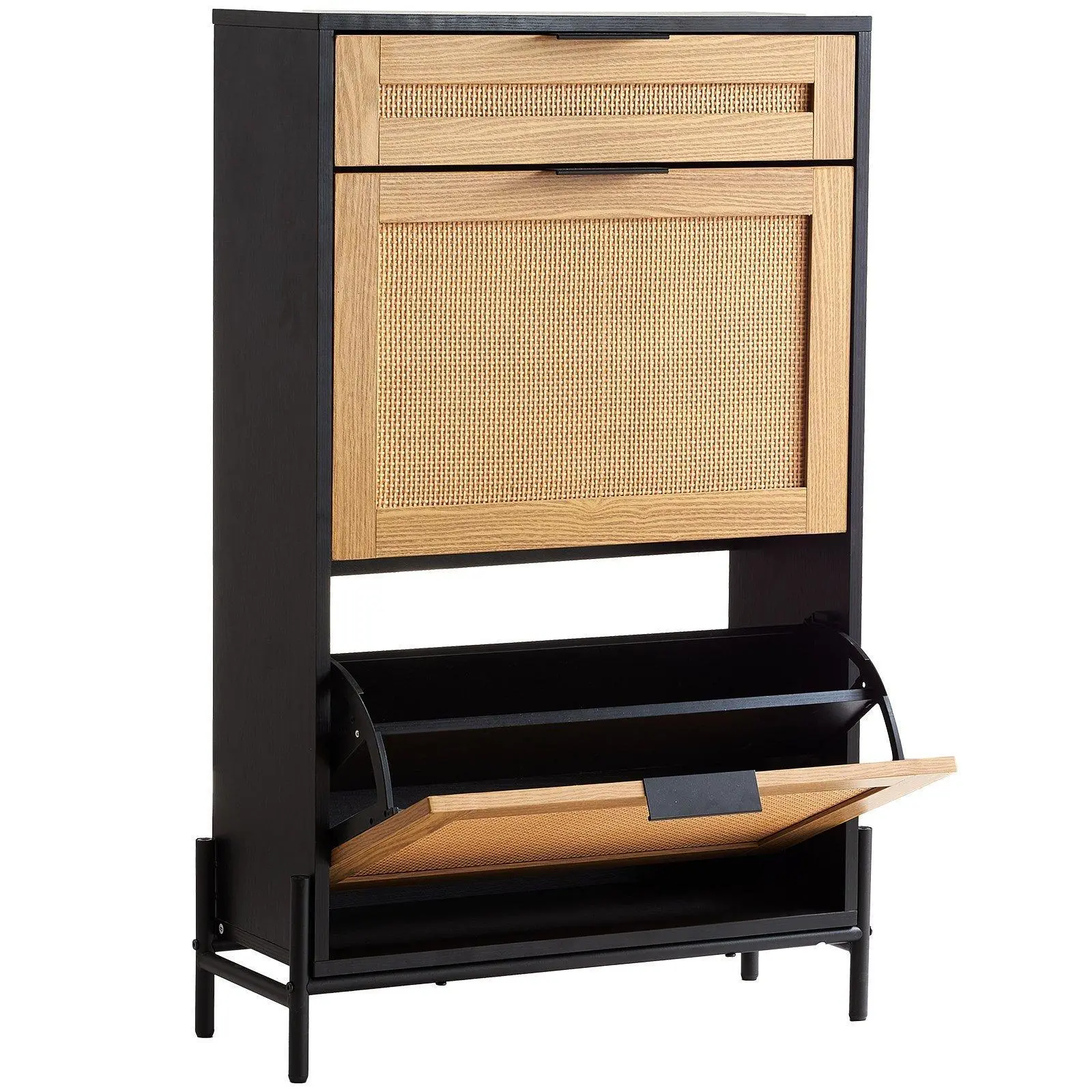 【SummerFinds】VEVOR Rattan Shoe Cabinet,  , Narrow Shoe Storage Organizer with 2 Flip Rattan Drawers & 1 Slide Drawer, Metal Legs, Slim Shoe Entryway Cabinet Ideal for Entryway, Closet, Hallway, Black