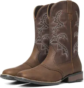 EROCALL Men's Western Cowboy Boots Square Toe Mid Calf Work Boots Embroidered Detail Pull On Design style