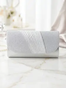 Women's Elegant Silver Color Diagonal Pleated Glitter Clutch Bag, Asymmetrical Ruched Stripe, Ideal for Weddings & Formal Events