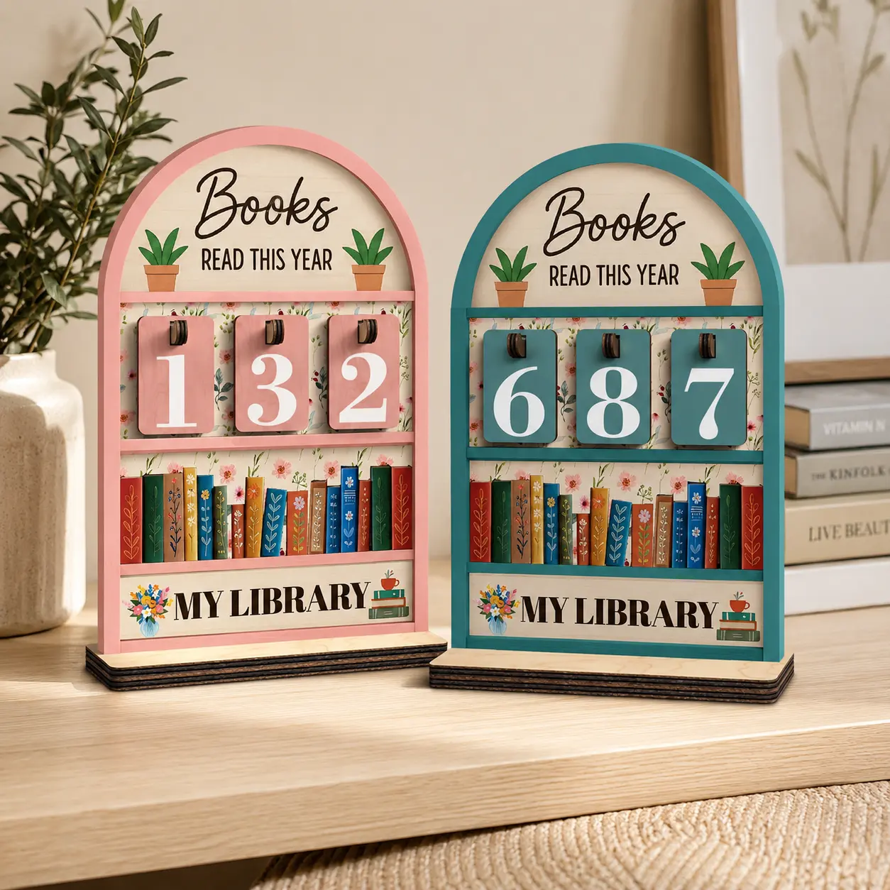 COMBO 2 PACK Books Read This Year Shelf Tracker, Hanging Mini Book Counter with Numbered Charms & Stand, Compact Design for Reading Progress Tracking, Ideal for Bookish Decor and Gifts for Readers, Bookshelf Trinkets