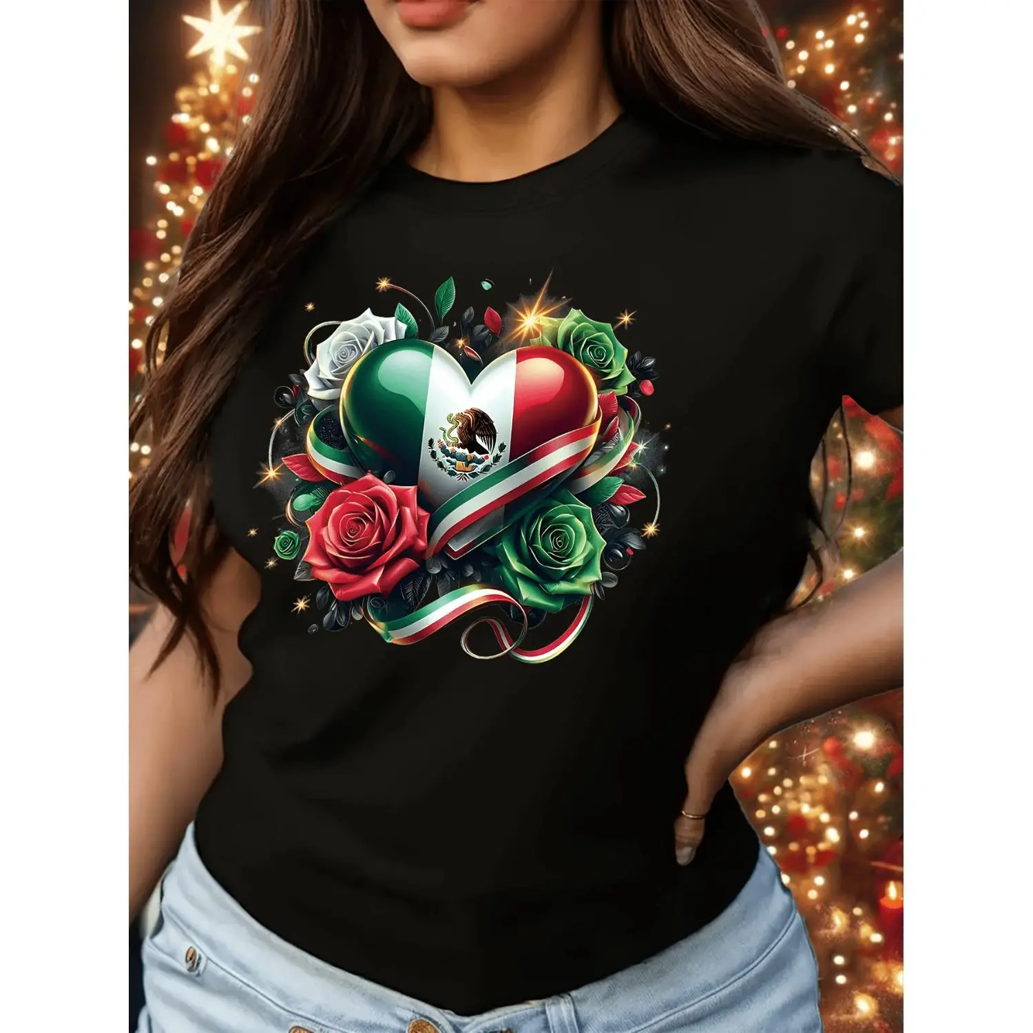 Women'S Green Floral Mexican Rose Heart Patriotic Mexican Flag Travel Latin Gift Creative Print Casual Short Sleeve Round Neck T-Shirt