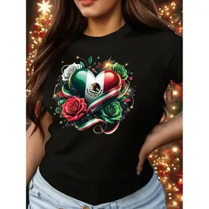 Women'S Green Floral Mexican Rose Heart Patriotic Mexican Flag Travel Latin Gift Creative Print Casual Short Sleeve Round Neck T-Shirt