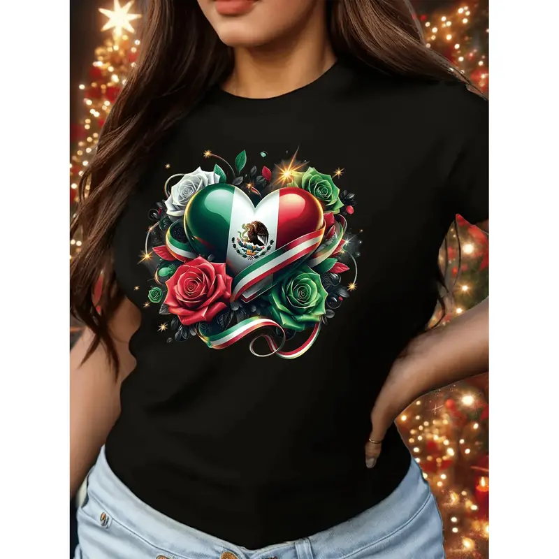 Women'S Green Floral Mexican Rose Heart Patriotic Mexican Flag Travel Latin Gift Creative Print Casual Short Sleeve Round Neck T-Shirt