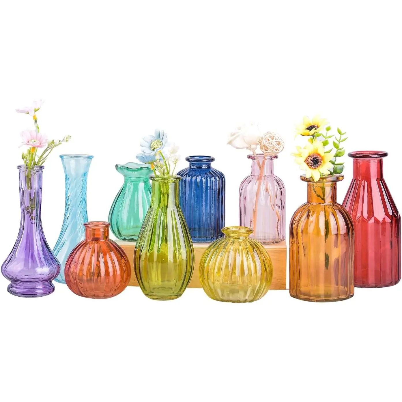 Bud Vases for Flowers,Glass Colored Bud Vase in Bulk Set of 10,Small Vintage Vase Bottle for Wedding Decorations,Garden and Home Decor,Centerpieces,Colorful Mexican Décor