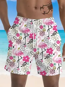 Men's Flamingo Floral Full Print Beach Shorts, Quick-Dry Loose Fit Vacation Shorts, Summer Casual All over Print Shorts