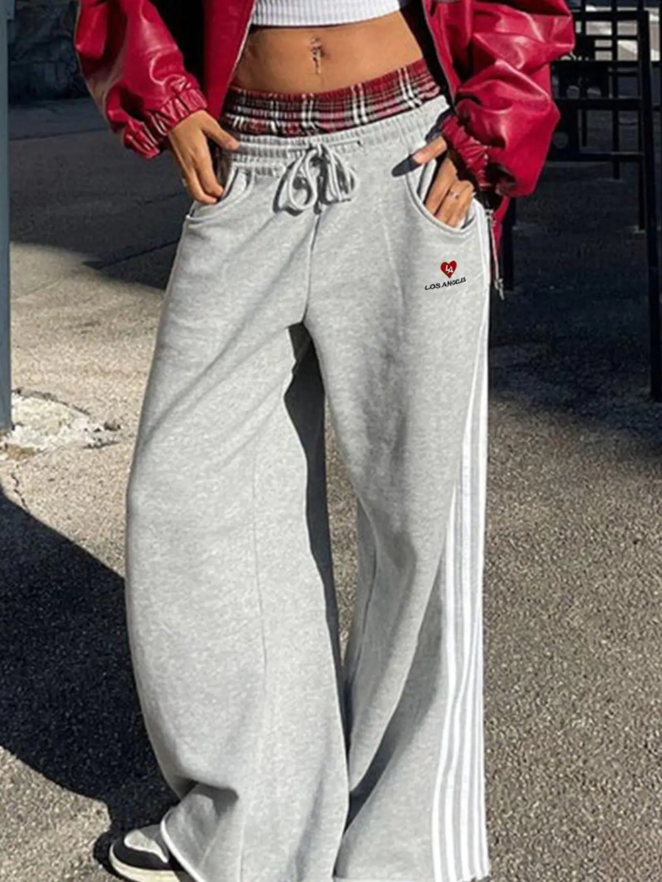 American Vintage Two-Layer Sport Pants Y2K Long Pants, Embroidered, Women, Plaid Waistband, Loose Fit, Comfortable Drawstring Design, Casual Aesthetic Style