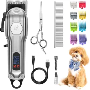 Kit for Heavy Thick Hair&Coats,Low Noise  Hair Trimmer,Rechargeable Cordless Pet  with Stainless Steel ,  Clippers for  for Small Large Dogs Pets (Sliver)