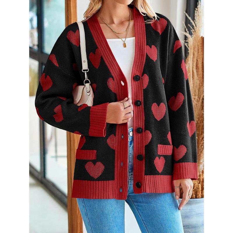 Saodimallsu Womens Oversized Heart Cardigan Color Block V Neck Button Long Sleeve Chunky Valentines Sweaters with Two Pockets & Contrast Trim