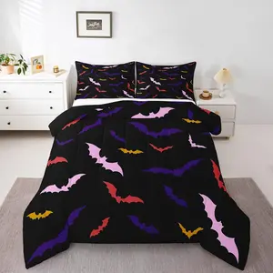 Bat Bedding Set,Happy Halloween Comforter Set,Flying Bat Quilt,Gothic Spooky Down Comforter,Purple and Pink