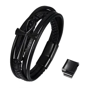 OIDEA Egyptian Ankh Cross Leather Bracelet for Men, Vintage Multi Layer Handwoven Cuff Bracelet, Religious Punk Wristband Gift