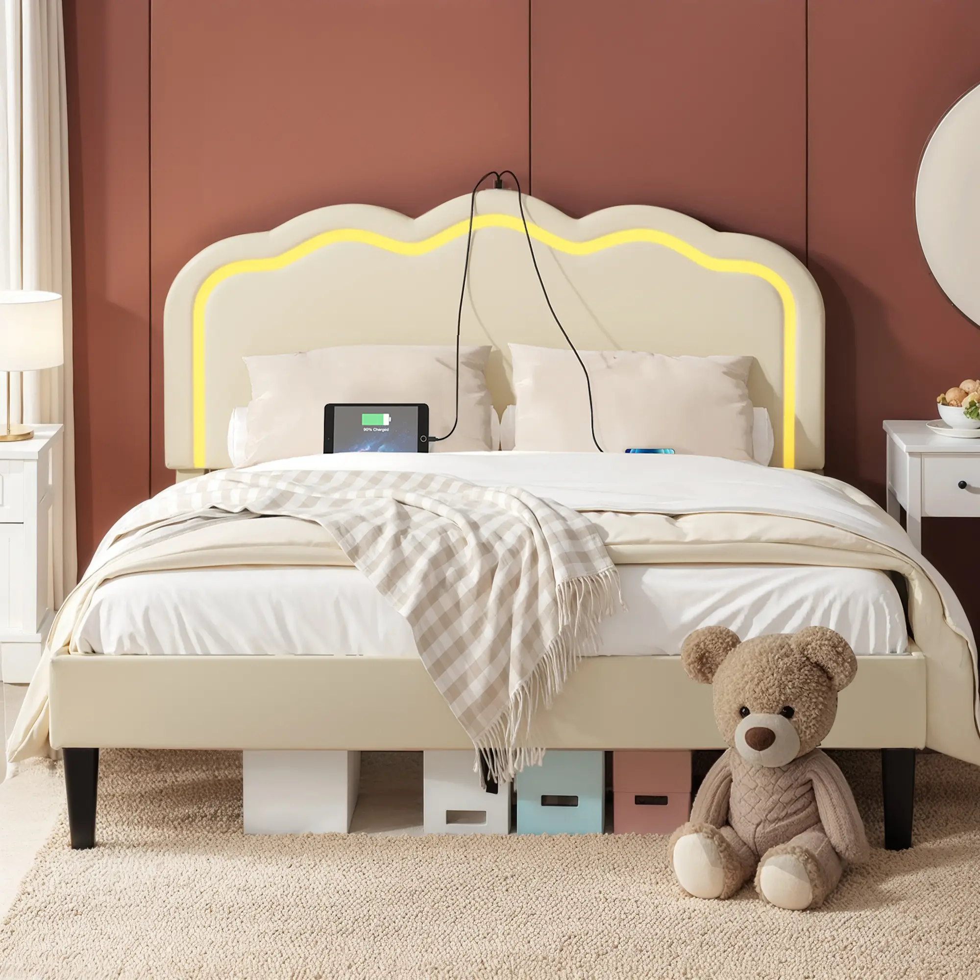 VECELO Adjustable Height Queen Full Twin Size Frame LED Light Charging Station Upholstered Velvet Headboard Platform Multifunctionalbed Heavy-Duty