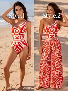Women's Boho One Shoulder Swimsuit & Wide Leg Pants Matching Set - Tropical Vacation Resort Wear Beach Cover Up Outfit Summer Coverup