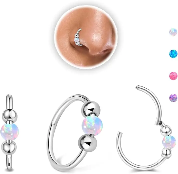 5PCS 18g Opal Nose Rings for Women Nose Hoops 8mm/10mm Hypoallergenic 316L Surgical Steel Nose Rings Piercing Jewelry Can Be Used as a Nose Ring, Septum Ring, and Cartilage Earring