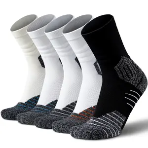 5-Pack Men's Sports Crew Socks with Arch Support Unisex Performance Socks for Running Basketball Hiking & Cycling Moisture-Wicking Anti-Slip Cushioned Black White Cotton Polyester Blend Activewear