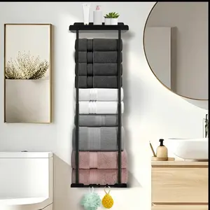 Bathroom Retractable Towel Storage Rack Wall Mounted 30 inch with Shelf Holds 6 Large Towels Black Towel Rack for Rolled Towels
