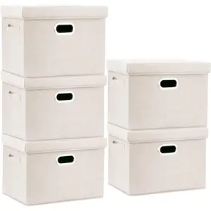 TYEERS Large Storage Bins with Lids, Collapsible, Washable, Fabric Storage Boxes for Organizing, 17.3x11.8x11.4 inches, 5 Pack, Beige