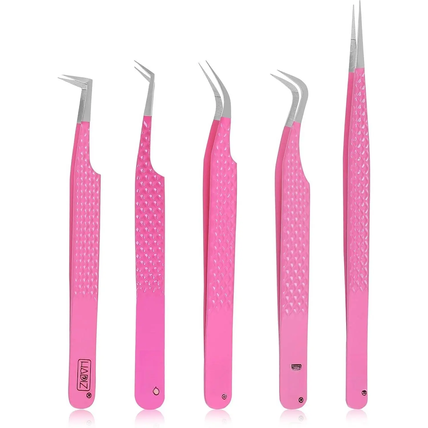Fiber Tip Eyelash Extension tweezers Lash Tweezer  Steel set of five (Raspberry)