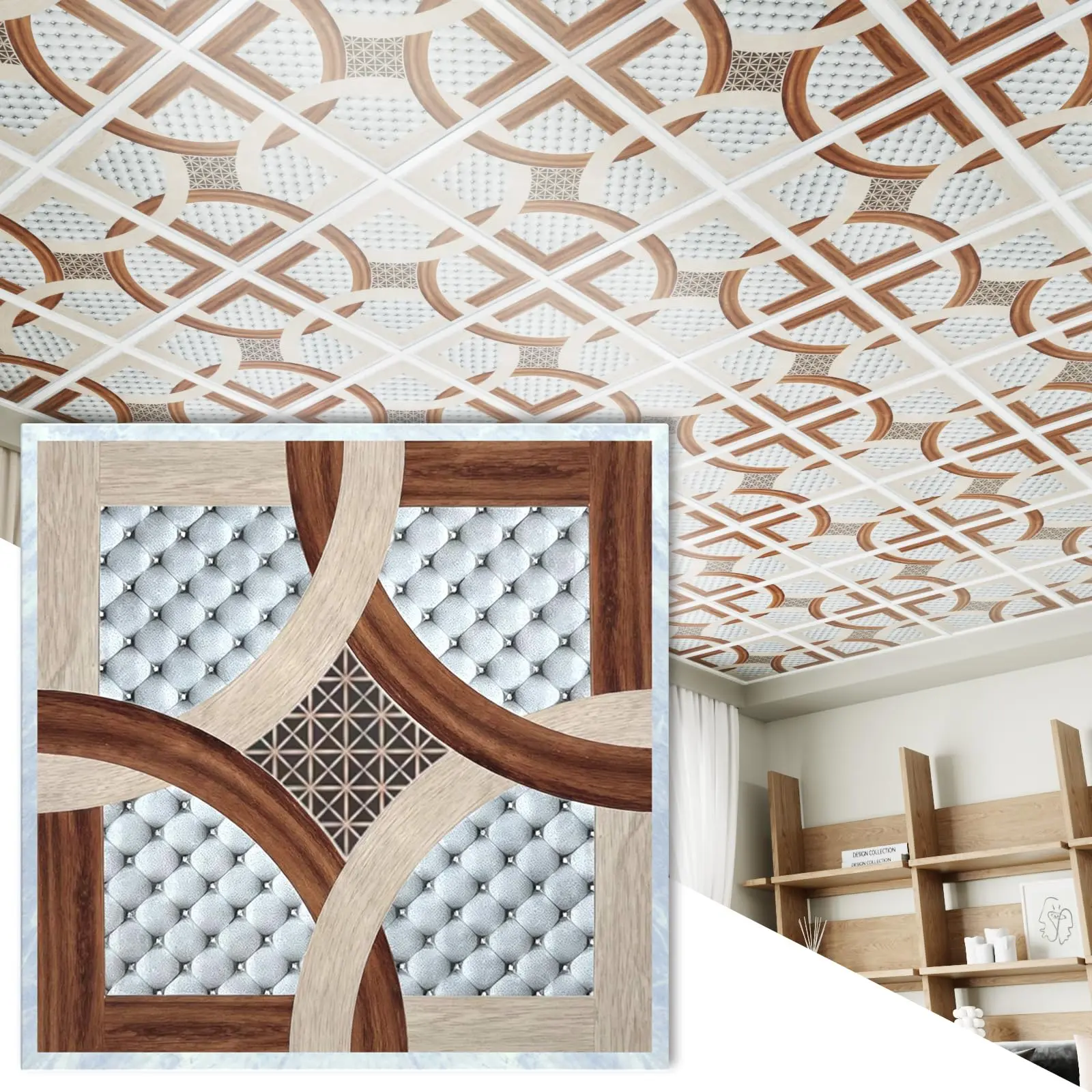 LooYee 24PCS 2x2 Ft High-Strength Rigid PVC Ceiling Tiles Wood Tufted Geometry Panels 96 Sq.Ft  Ideal Interior Decoration