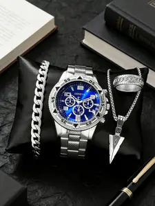 Men's Business Watch Set, Large Dial Luxury Analog Wristwatch, Rhinestone Design, Blue Dial, Alloy Case, Quartz Movement