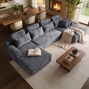 【Father's Day】 134in Striped U-Shape Cloud-Style Corduroy Couch, Couches for Living Room, Modular Design, High-Density Memory Foam Upholstery, No Assembly Required, 6 Soft Cushions, Space-Saving Flexibility, Seats 4-6, Shipped in 3 Packages