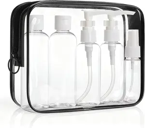 BAGSMART 7 Pack Clear Toiletry Bag with Refillable Travel Bottles Set, TSA Approved Travel Toiletry Bag Water Repellent Carry on Travel Accessories Bag Airport Airline Quart Size Bags, Black