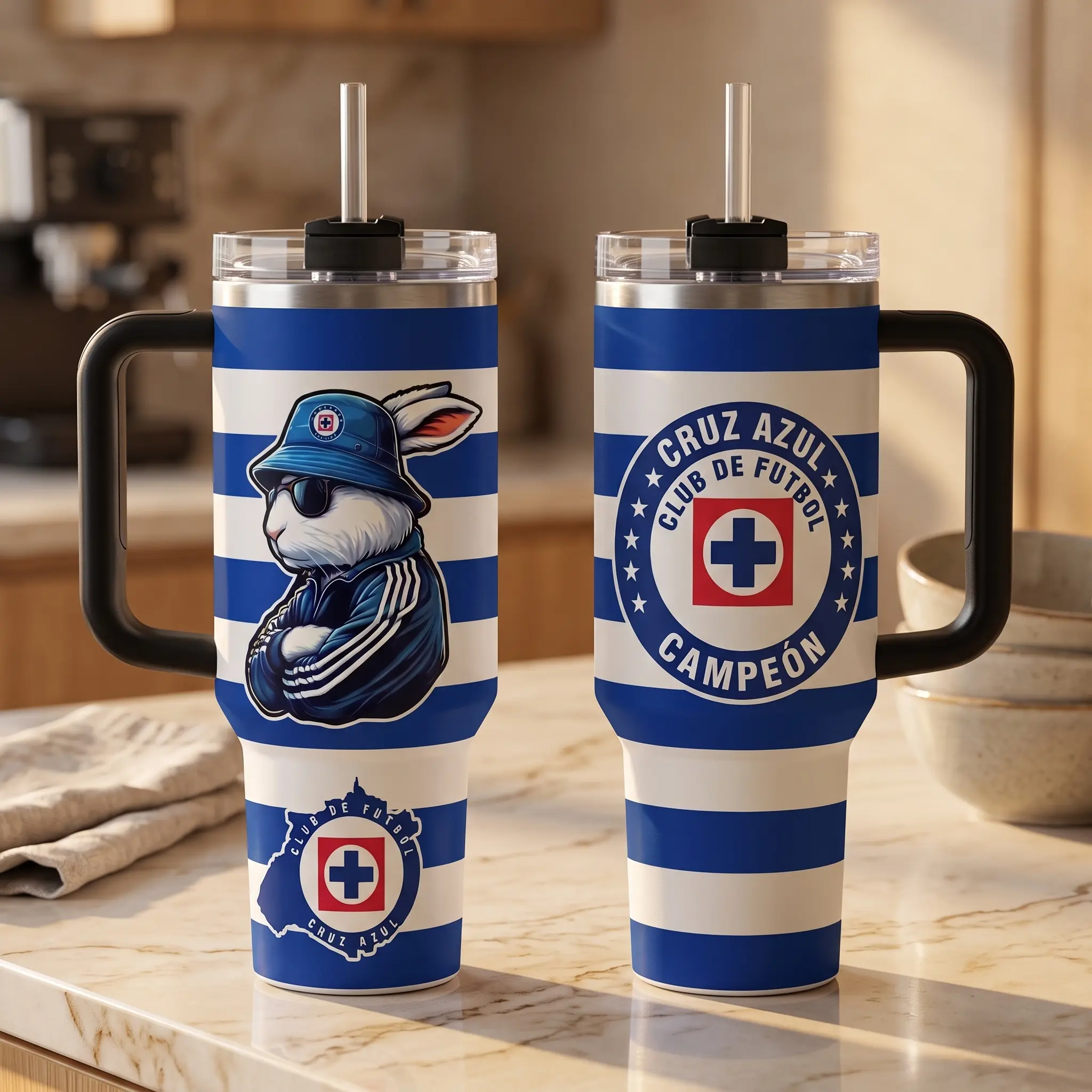Cruz Azul Mascot 40oz Tumbler with Handle - Cool Bunny Soccer Insulated Stainless Steel Travel Mug with Straw & Lid