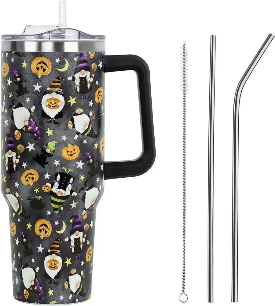 40oz Halloween Gothic Stainless Steel Water Bottle with Lid and Straw - Thermal Insulated Double Wall Vacuum, Leak-Proof, Portable, Reusable, Gothic Gnome Pumpkins Design, Spooky Gift for Women, Fall Kitchenware Drinkware Accessory (Glass Alternative), Wa