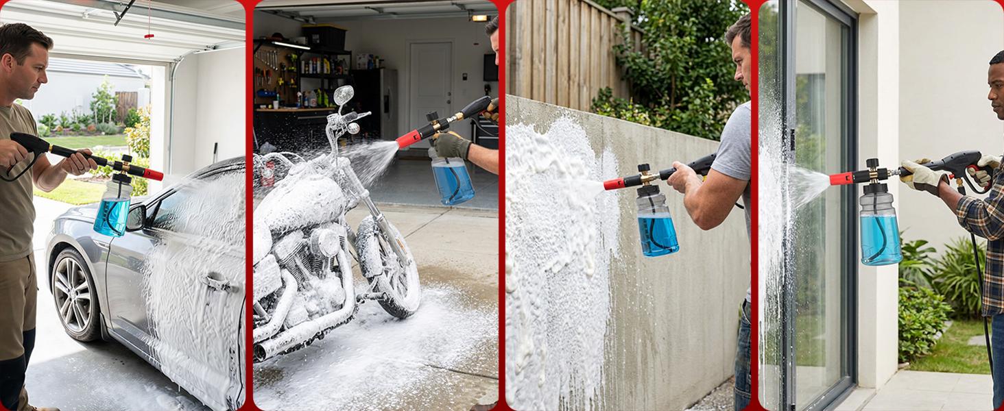 Dude, this foam cannon makes car wash day so much better. Wide mouth (no mess), 1/4" quick connect, adjustable foam, plus a spare 1.1mm nozzle. Grey. You need this！ high pressure car wash gun irrigation supply