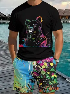 Men's 3D Digital Printed 2-Piece Set with Trendy Bear Head Graffiti Design, 2Pcs, Fashion Trendy Outfit, Retro Casual 2-Piece Suit, Vacation-Style Trendy Wear, Breathable Sports Casual Style, Perfect Holiday Gift for Men