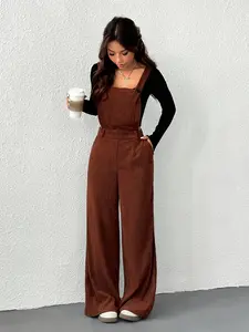 Women's Plain Solid Minimalist Fashion Casual Suspender Dress Pants, Daily Wear Loose-Fitting Backless Overall Jumpsuit, Elegant Fall & Winter Style