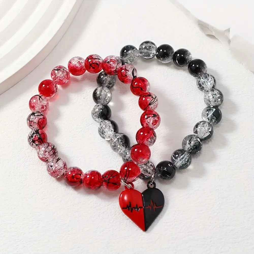 Gothic Matching Bracelets Set of 2, Black and Red Beaded ECG Waveform Jewelry for Couples and Best Friends, Unisex Romance Gift, Yes, Bangle, Blackmetal Bracelets & Bangles, Daily
