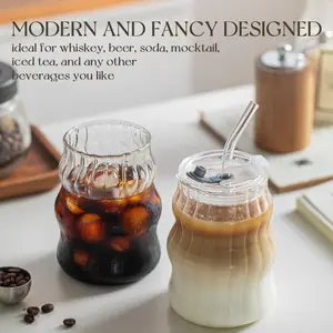 Unique Ice Coffee Cup with Lid Straw, 18oz Vintage Design, Ideal Wave Shape Glass Mug, Bubble Glass Aesthetic, Transparent Ribbed Glass