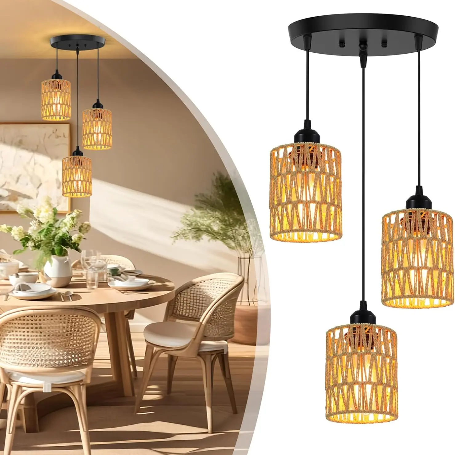 Farmhouse Style Three-Light Wicker Pendant Light, Adjustable Height, Handwoven Grass Cover, Bohemian Design, Indoor Lighting for Dining Room, Kitchen, Living Room, Adjustable Lights