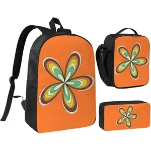 70'S Retro Spring Hippie Flower Power Light 3 Pcs Casual Backpack Set, Fashion 17in Laptop Daypack With Insulated Lunch Bag & Stylish Pen Case, Trendy Trio For Travel, Work & Outdoor Activities