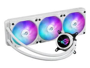 ASUS ROG Strix LC III 360 ARGB White Edition all-in-one CPU liquid cooler with 360° rotatable water block, Asetek's new Gen7 v2 pump, premium ROG ARGB fans, and 10+ custom Aura lighting effects