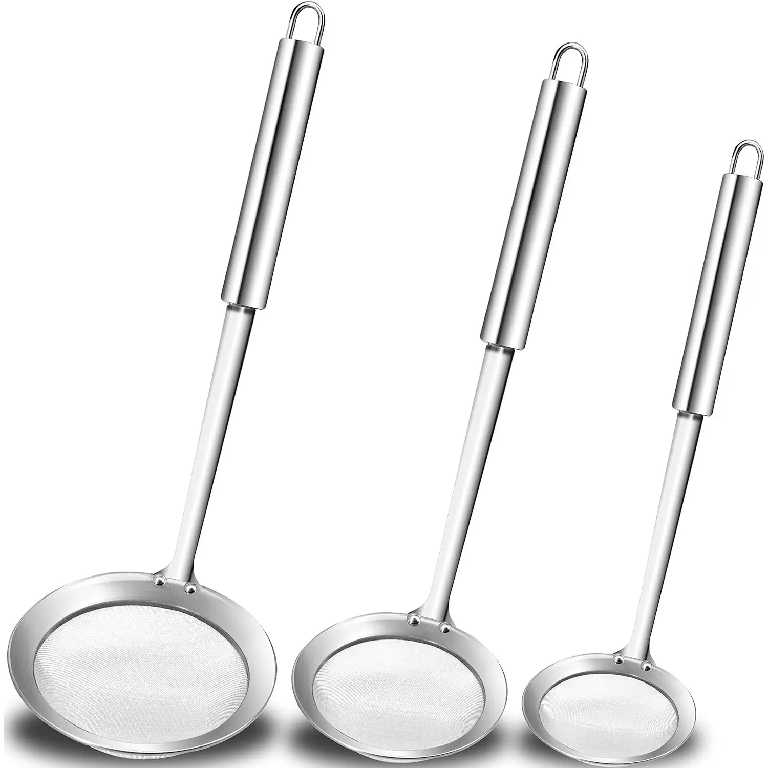 3Pcs Sturdy Stainless Steel Fat Skimmer Spoons Set - Kitchen Gadgets Strainer Utensils with Long Handles, 3"+4"+4.7" Sizes, for Skimming Grease/Gravy/Foam, Ideal for Hot Pot Cooking, Home Improvement Hanging Oil Tools