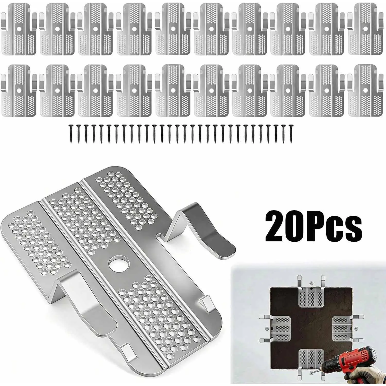 20Pcs 1/2 Inch Drywall Repair Clips Kit with Screws, Sturdy Stainless Steel Metal-Backed Wall Hole Repair Tools, Easy Install DIY Wall Patch Support Clips for Home Renovation, No Studs Needed, Professional Drywall Fix Accessories & Practical