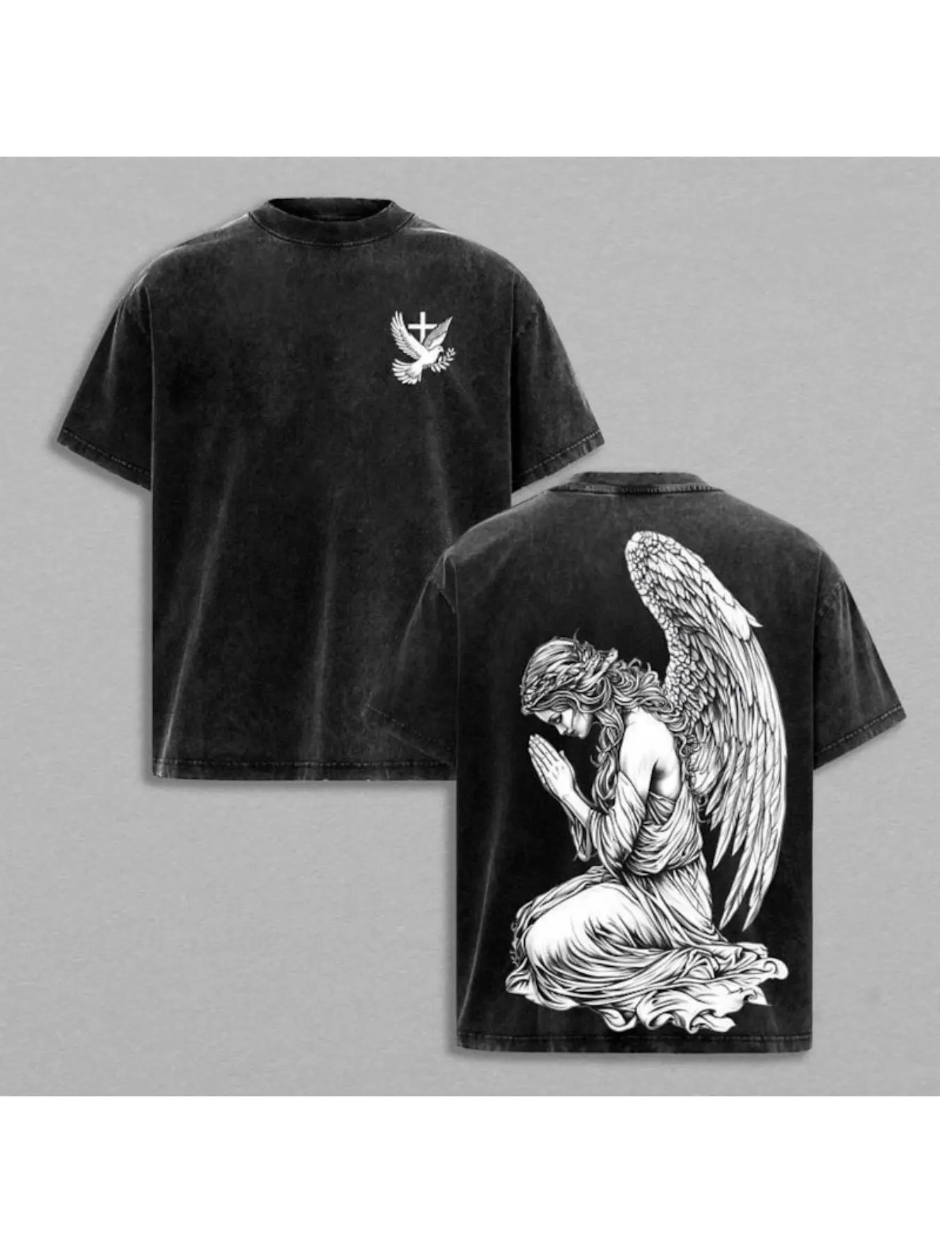 Men's washed street brand street style 100% cotton T-shirt angel prayer and cross design casual wear front and rear printing retro heavy tee perfect gift loose and comfortable breathable machine washable fabric hip hop cool style drop ink clothing Y2K