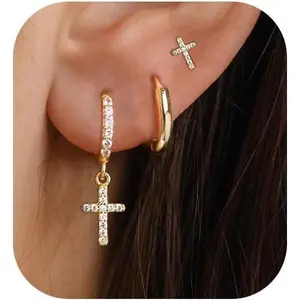 Gold Earrings for Women, 14K Gold Plated Cute Cross Butterfly Star Earring Stacks Dainty Huggie Earrings for Women Trendy Small Gold Hoop Earrings Non Tarnish Womens JewelryValentine's Day gift