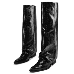 Women's Fold Over Knee High Boots Wide Calf Chunky Heel Long Boots Women Pointed Toe Dress Tall Boots for Women Slouchy Shark Boots