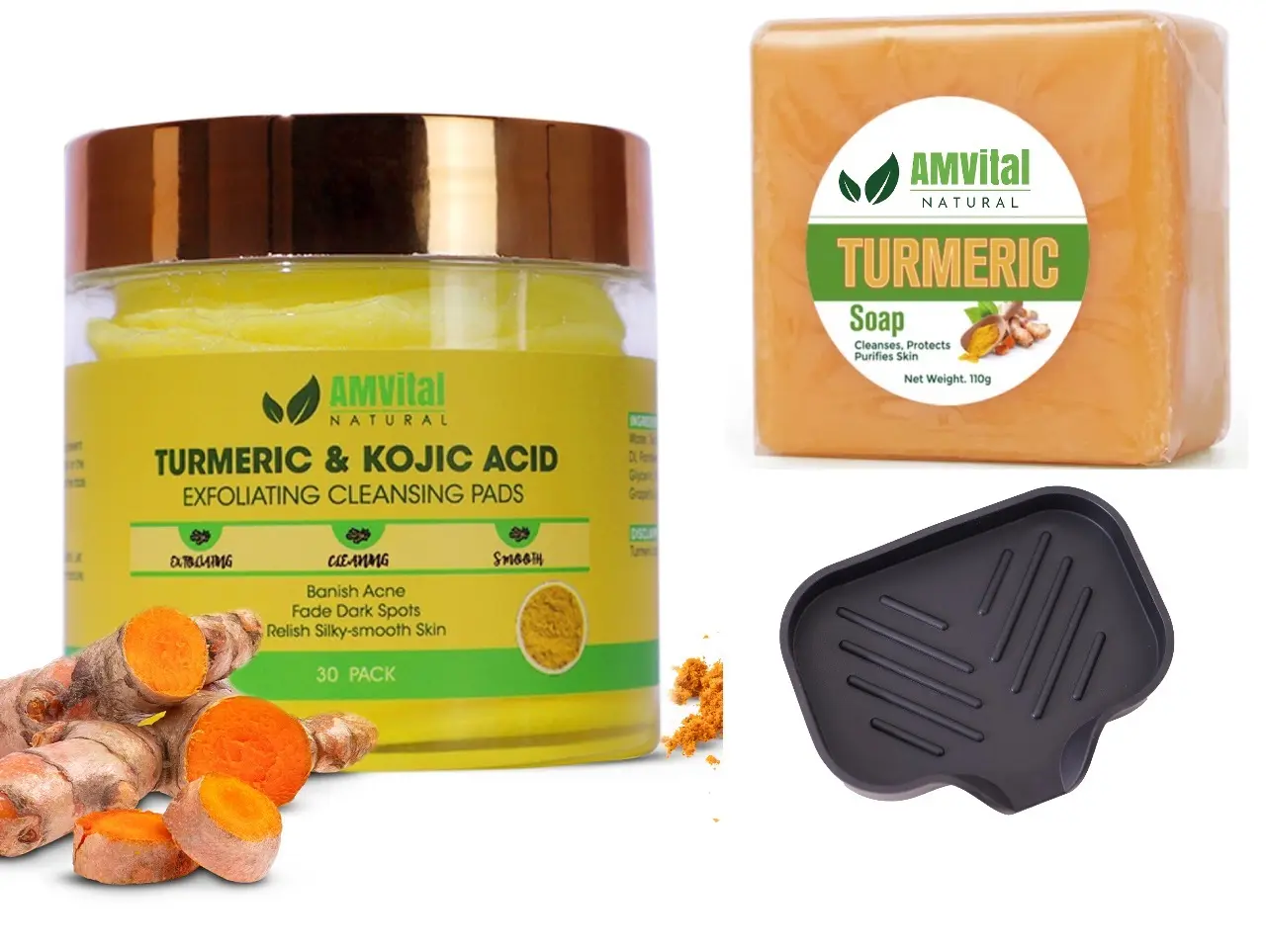 AMVital Turmeric & Kojic Acid Skincare Set - Exfoliating Wipes, Soap Bar, and Soap Dish for Combination Skin - 7.83 oz