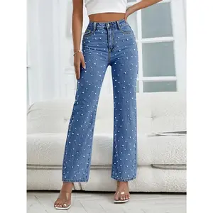 Women’s Light-Wash Straight-Leg Jeans with Pearl Embellishments — Women’s Wear