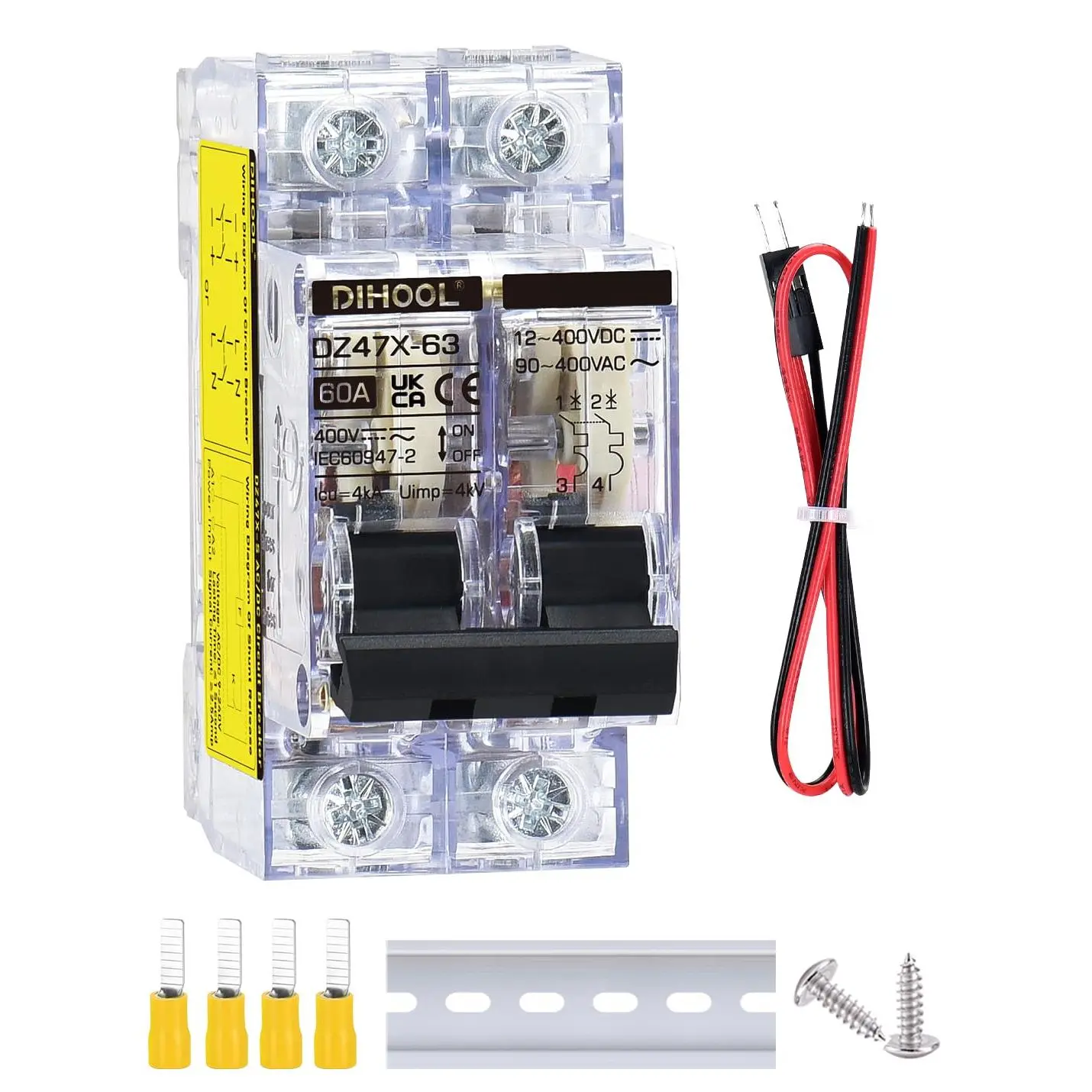 60A DC Circuit Breaker with Remote Control, 12V-400V DC & 90-400V AC, 2 Pole Miniature Circuit Breaker, DIN Rail Mount Disconnect Switch