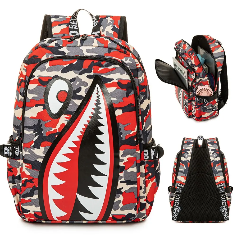 Men's Red Camo Shark Mouth Fashion Backpack - Lightweight Waterproof Oxford Rucksack, Large-Capacity Laptop Bag for Teens, Hip Hop Street Style