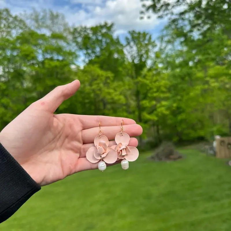 Flower Dangle Handmade Clay Earrings by BrynnMade- Elegant Design with Natural Elements, Made from Unique Clay Materials